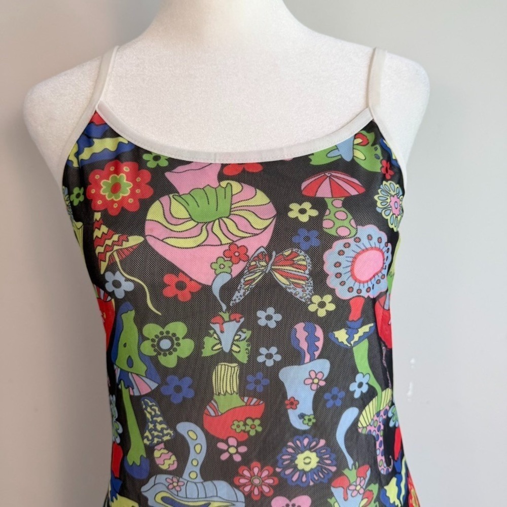 Wowo Mesh Overlay Mushroom Floral Print Slip Mini Dress XL Whimsigoth Fairy Y2K - Picture 2 of 9